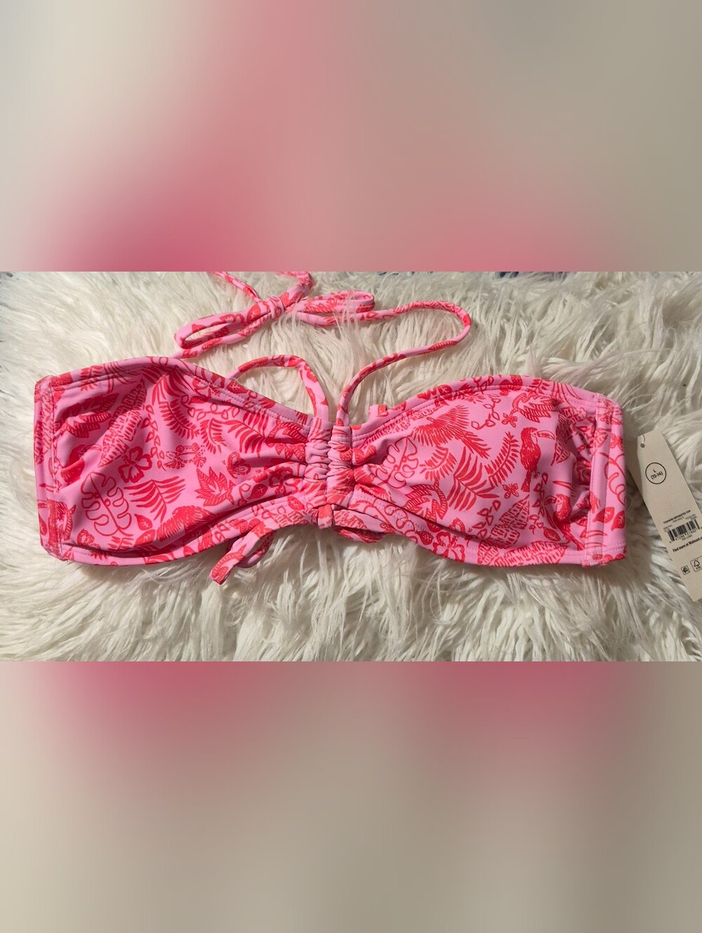 Pink with Red Leaf Print Bikini Top Size L 12-14